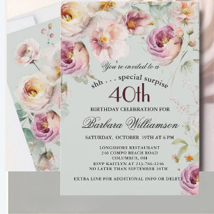 Elegant Painted Floral Surprise 40th Birthday  Invitation