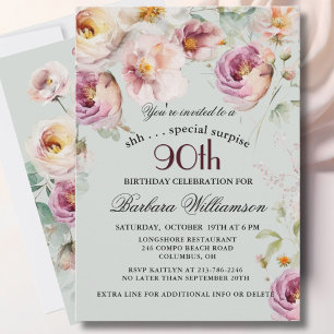 Elegant Painted Floral Surprise 90th Birthday Invitation