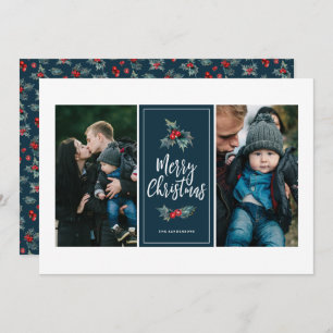 Elegant Painted Holly   Christmas Blue Two Photo Holiday Card