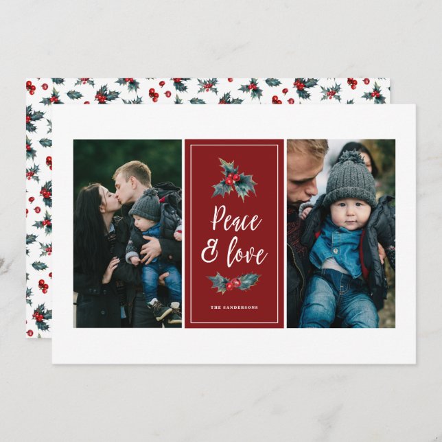 Elegant Painted Holly | Peace Love Red Two Photo Holiday Card (Front/Back)