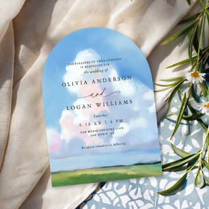 Elegant Painted Landscape Blue Sky Clouds Wedding Invitation
