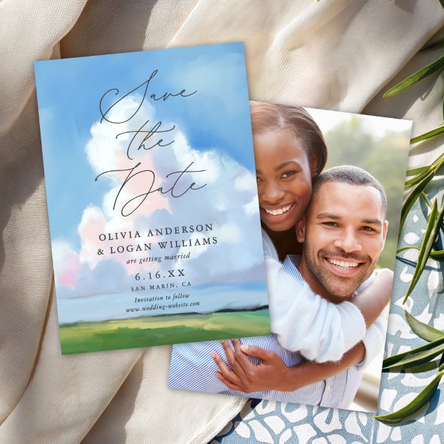 Elegant Painted Landscape Blue Sky Clouds Wedding  Save The Date (Creator Uploaded)