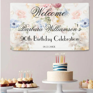 Elegant Painted Rose Floral 90th Birthday Welcome Banner