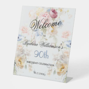 Elegant Painted Rose Floral 90th Birthday Welcome Pedestal Sign