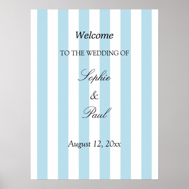Elegant Pale Blue Stripes Wedding Welcome Poster (Front)
