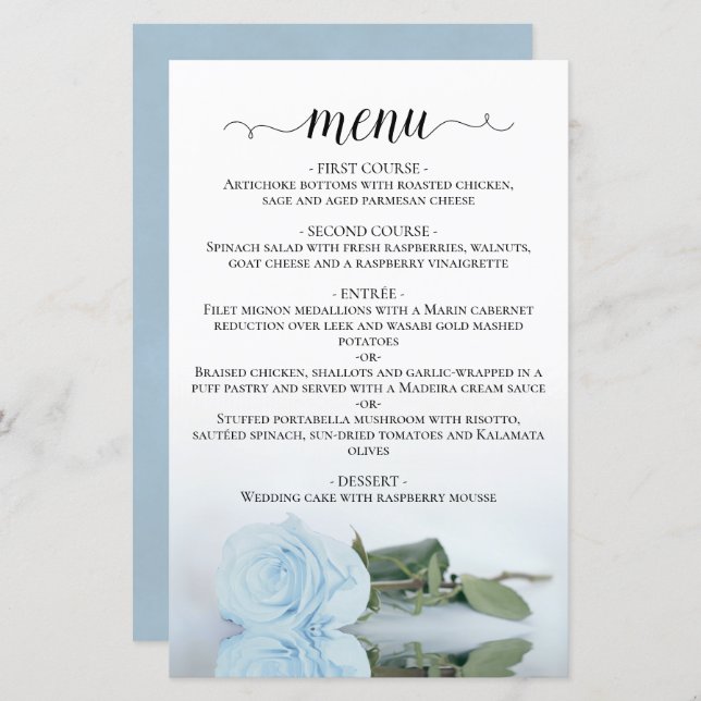 Elegant Pale Dusty Blue Rose Budget Wedding Menu (Front/Back)