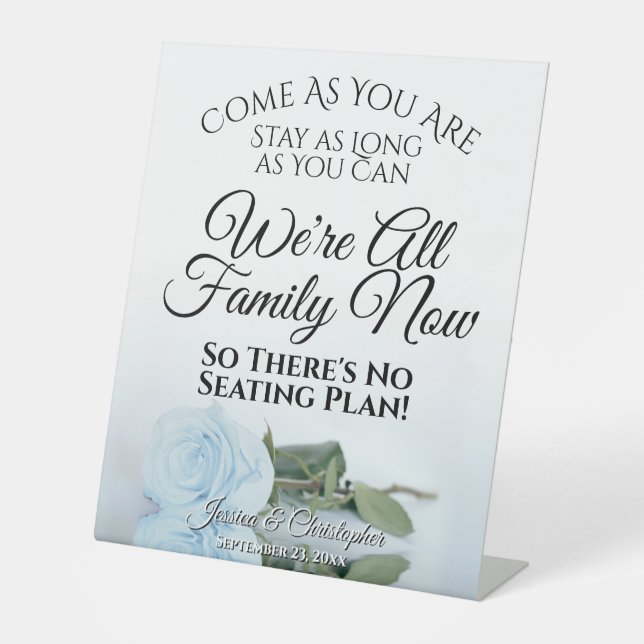Elegant Pale Dusty Blue Rose Open Seating Wedding Pedestal Sign (Front)