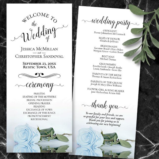 Elegant Pale Dusty Blue Rose Romantic Wedding Programme (Front and Back)