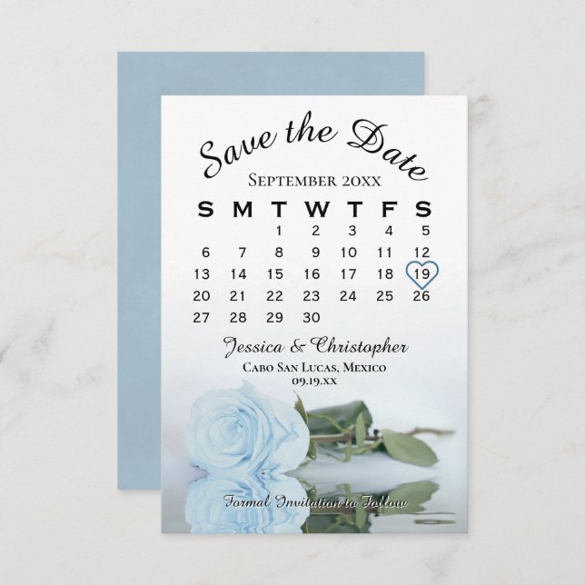 Elegant Pale Dusty Blue Rose Wedding Calendar Save The Date (Front/Back)