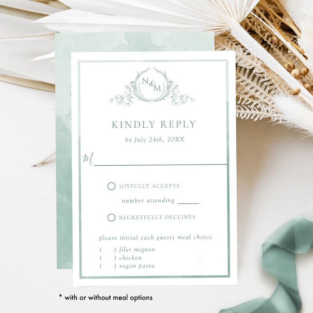 Elegant Pale Green Monogram and Watercolor RSVP Card (Creator Uploaded)
