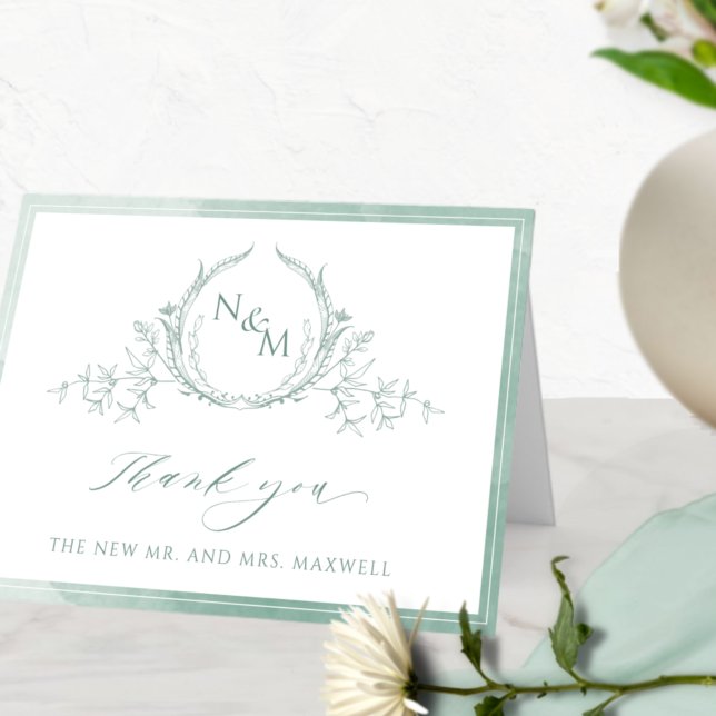 Elegant Pale Green Monogram, Watercolor Wedding Thank You Card (Creator Uploaded)