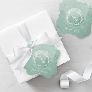 Elegant Pale Green Watercolor Monogram Wedding Favour Tags