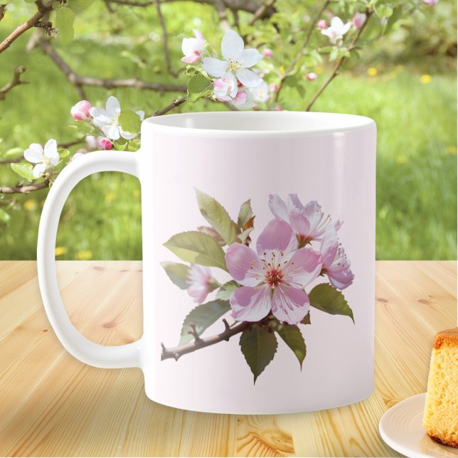 Elegant Pale Pink Apple Blossom Personalised Name Coffee Mug (A pale pink mug with apple blossom design on one side, monogram initial and name on the other)