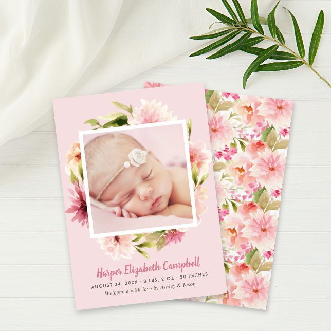Elegant Pale Pink Floral Baby Girl Photo Birth Announcement (Creator Uploaded)