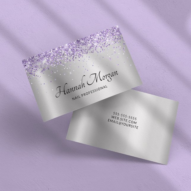 Elegant Pale Silver Ombre Foil Purple Glitter Business Card (Elegant Pale Silver Ombre Foil Purple Glitter Business Card)