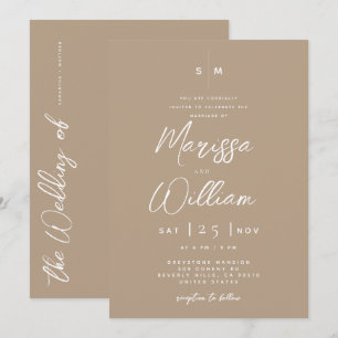 Elegant Pale Taupe & White Modern Script Wedding Invitation