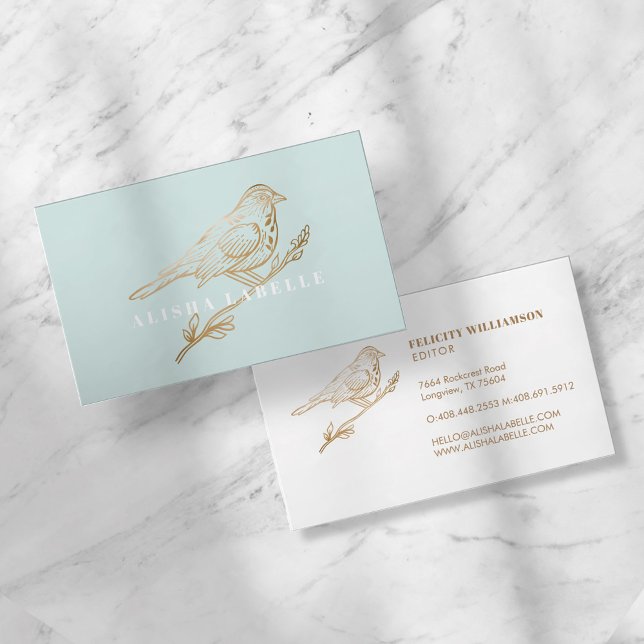 Elegant Pale Teal & Gold Perched Bird Business Card (Creator Uploaded)