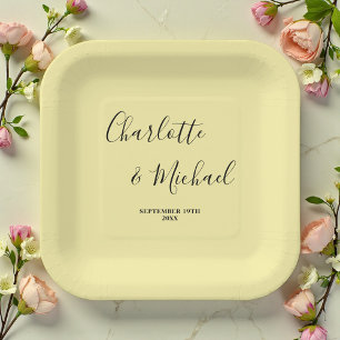 Elegant Pale Yellow Script Minimalist Wedding Paper Plate