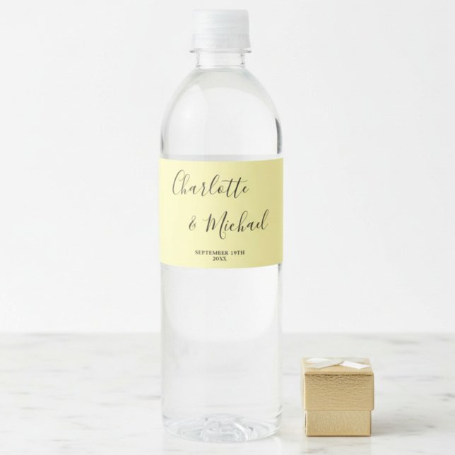 Elegant Pale Yellow Script Minimalist Wedding Water Bottle Label (Creator Uploaded)