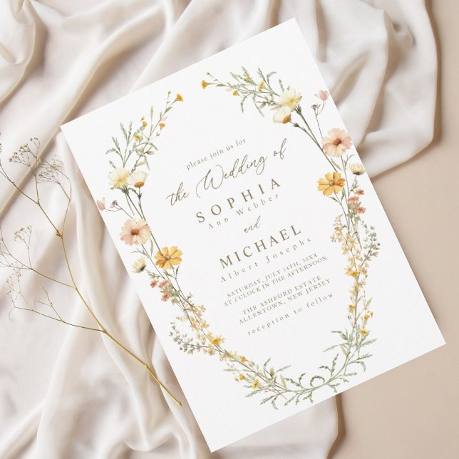 Elegant Pale Yellow Watercolor Wildflowers Wedding Invitation (Creator Uploaded)