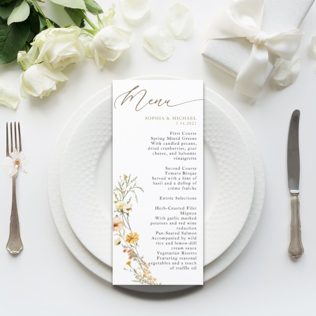 Elegant Pale Yellow Watercolor Wildflowers Wedding Menu (Creator Uploaded)