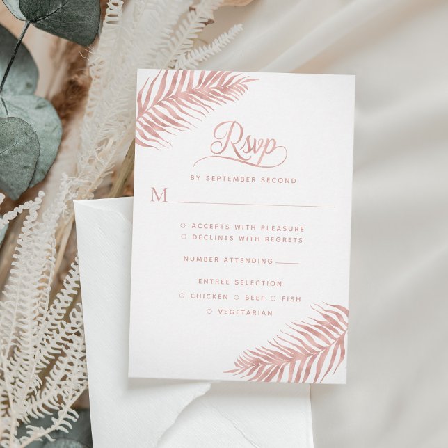 Elegant Palm Leaf Rose Gold White Wedding RSVP Card (Creator Uploaded)