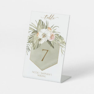 Elegant Palm Leaves Floral Green Table Number Pedestal Sign