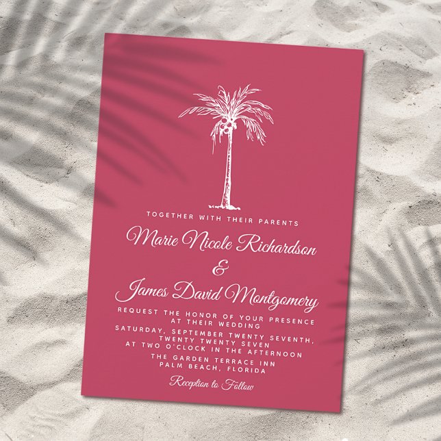 Elegant Palm Magenta Formal Beach Wedding Invitation (Creator Uploaded)