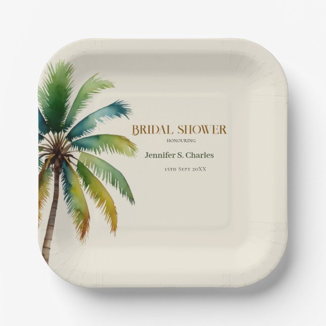 Elegant Palm Tree beach beige bridal shower  Paper Plate (Front)