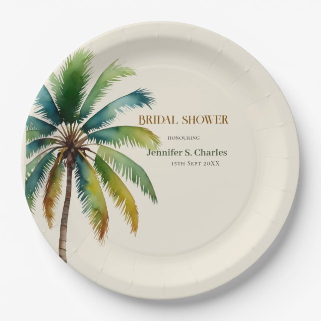 Elegant Palm Tree beach beige bridal shower  Paper Plate (Front)