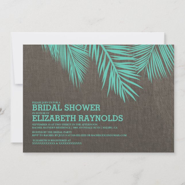 Elegant Palm Tree Burlap Bridal Shower Invitations (Front)