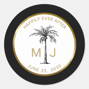 Elegant Palm Tree Gold Monogram Tropical Wedding Classic Round Sticker