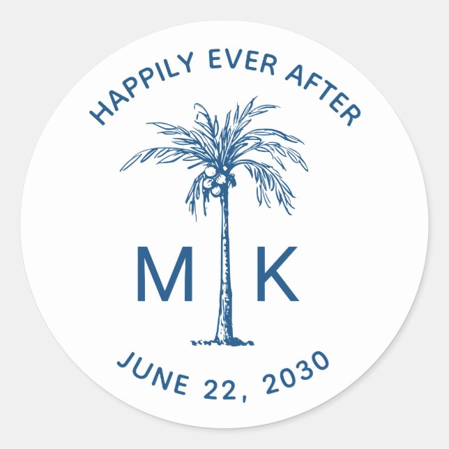 Elegant Palm Tree Monogram Blue Tropical Wedding Classic Round Sticker (Front)