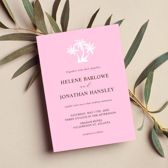 Elegant Palm Tree Pink Tropical Minimalist Wedding Invitation (Elegant Palm Tree Pink Tropical Minimalist Wedding Invitation)