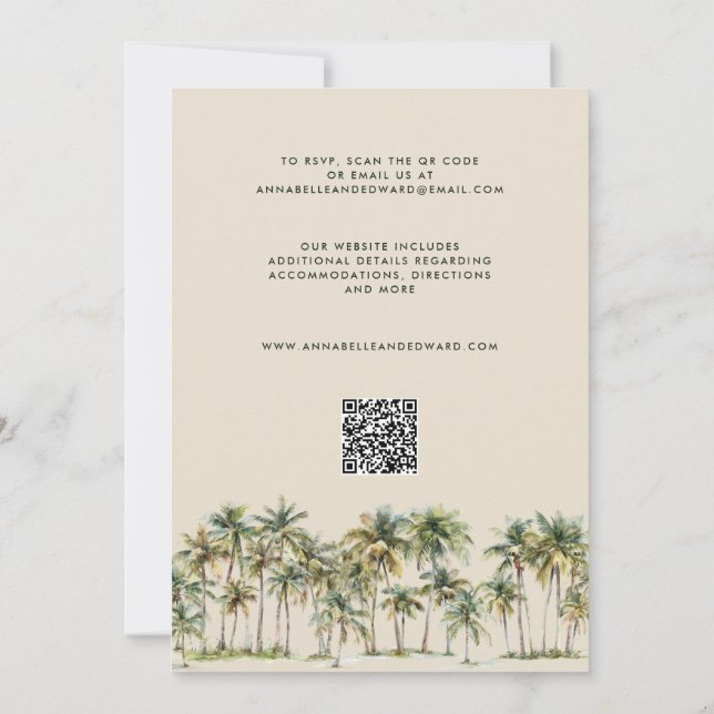 Elegant Palm Tree Wedding Invitation with QR Code (Back)