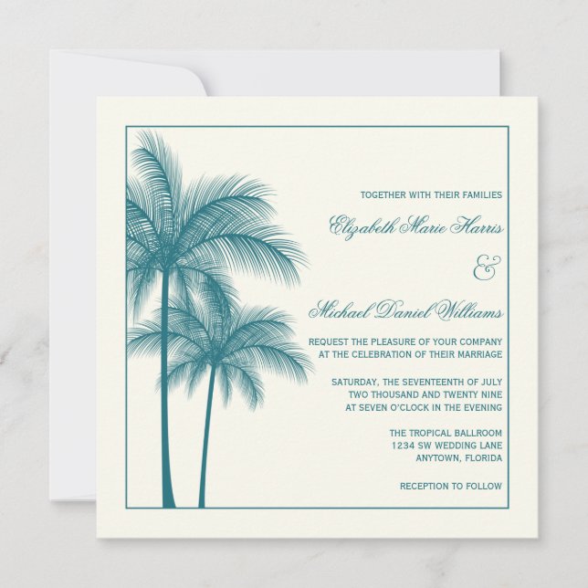 Elegant Palm Trees Teal Ecru Square Invitation (Front)