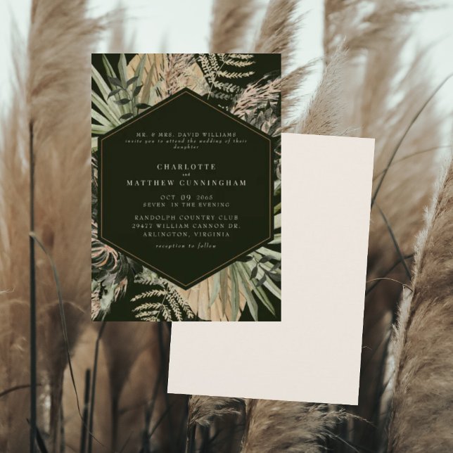Elegant Pampas Black & Cream Wedding Invitation (Creator Uploaded)