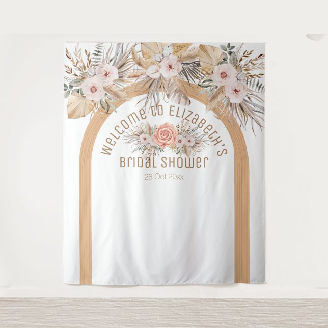 Elegant pampas grass beige floral bridal shower tapestry (Front)