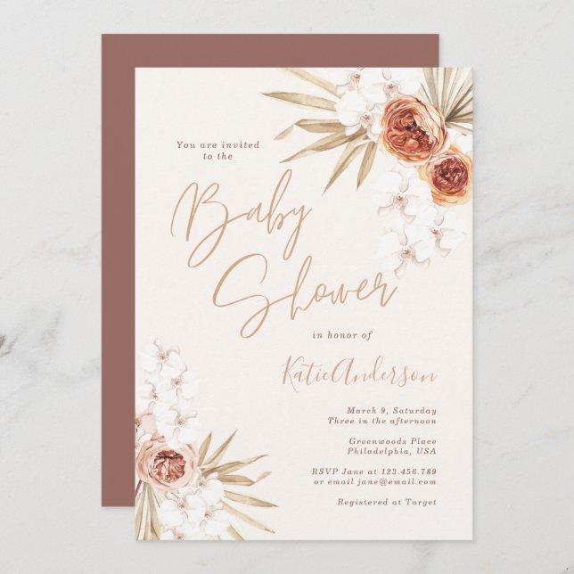 Elegant Pampas Grass Bohemian Baby Shower Invitation (Front/Back)