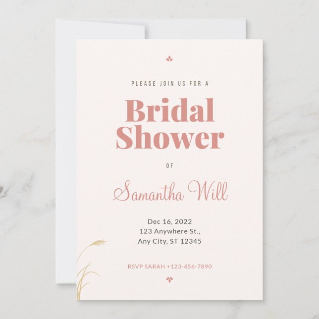 Elegant Pampas Grass Boho Bridal Shower Invitation (Front)