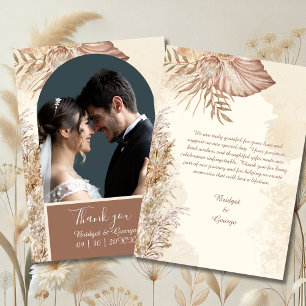 Elegant pampas grass & Boho Neutral Wedding Photo Thank You Card