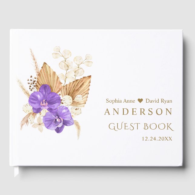 Elegant Pampas Grass Purple Orchid Roses Wedding Guest Book (Front)