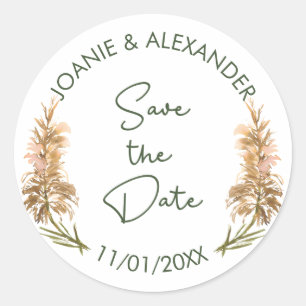 Elegant Pampas Grass Wedding Save the Date Classic Round Sticker