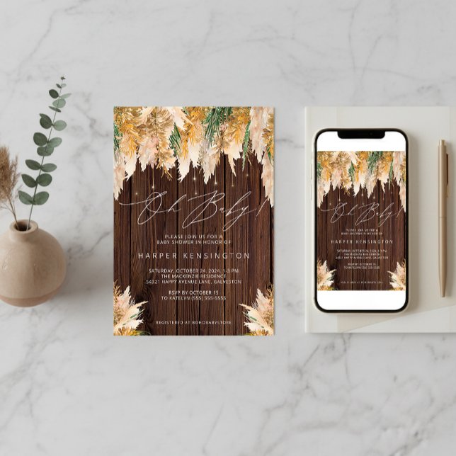 Elegant Pampas Grass Wood Baby Shower Invitation (Boho Pampas Grass Wood Twinkle Lights Baby Shower Invitation)