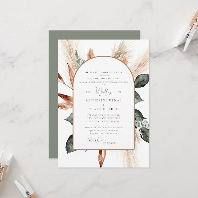 Elegant Pampas Sage Geometric Christian Wedding  Invitation (Front/Back In Situ)