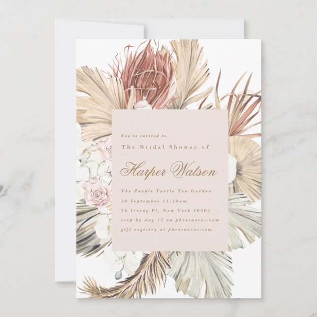 Elegant Pampas Tropical Romantic Bridal Shower Invitation (Front)