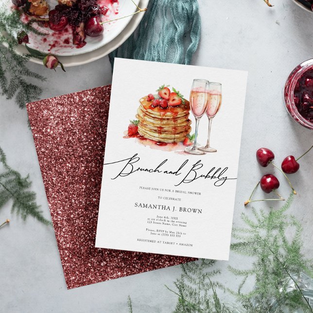 Elegant Pancakes Pink Glitter Bridal Brunch  Invitation (Creator Uploaded)