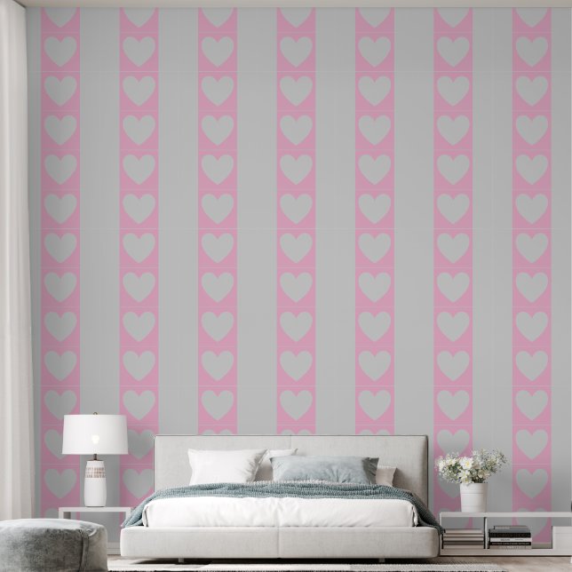 Elegant Panels of Pink Hearts & Grey Stripes Wallpaper (Bedroom)