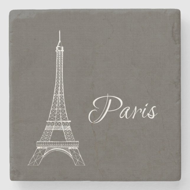 Elegant Paris Eiffel Tower Dark Grey Burlap Look Stone Coaster (Front)