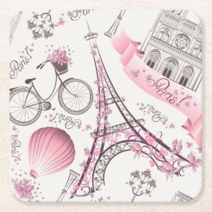 Elegant Paris France Fashion Sketch Square Paper Coaster